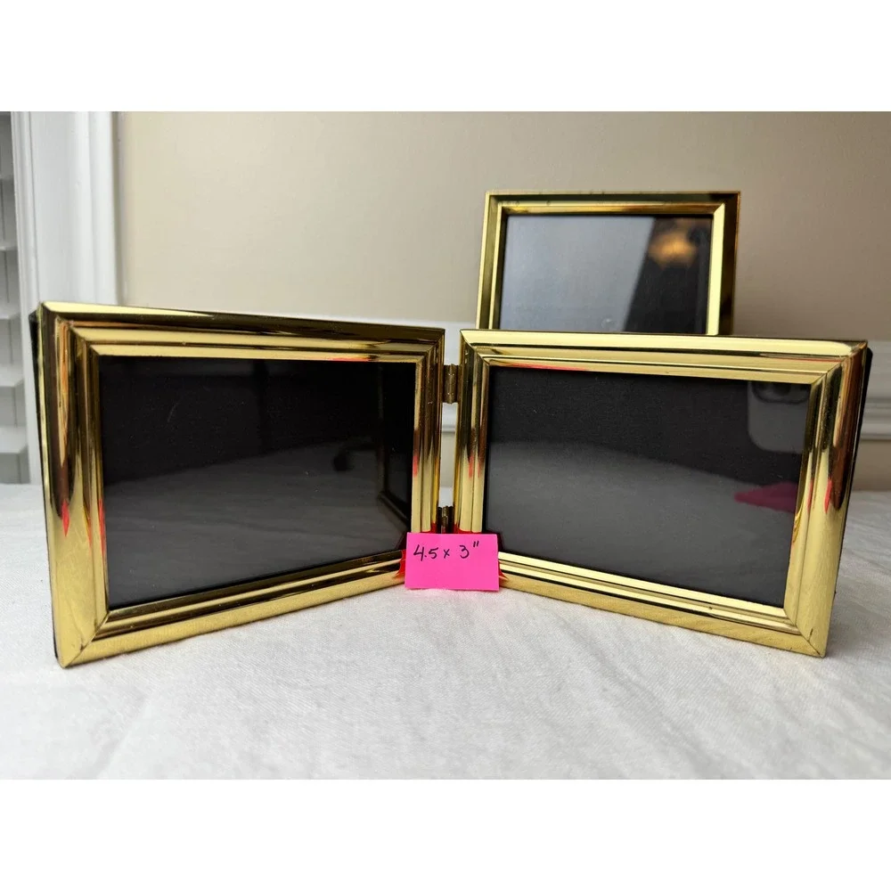 Vintage Metal Brass Photo Frame Set 4 Piece Hinged Double Tabletop Wall Mount